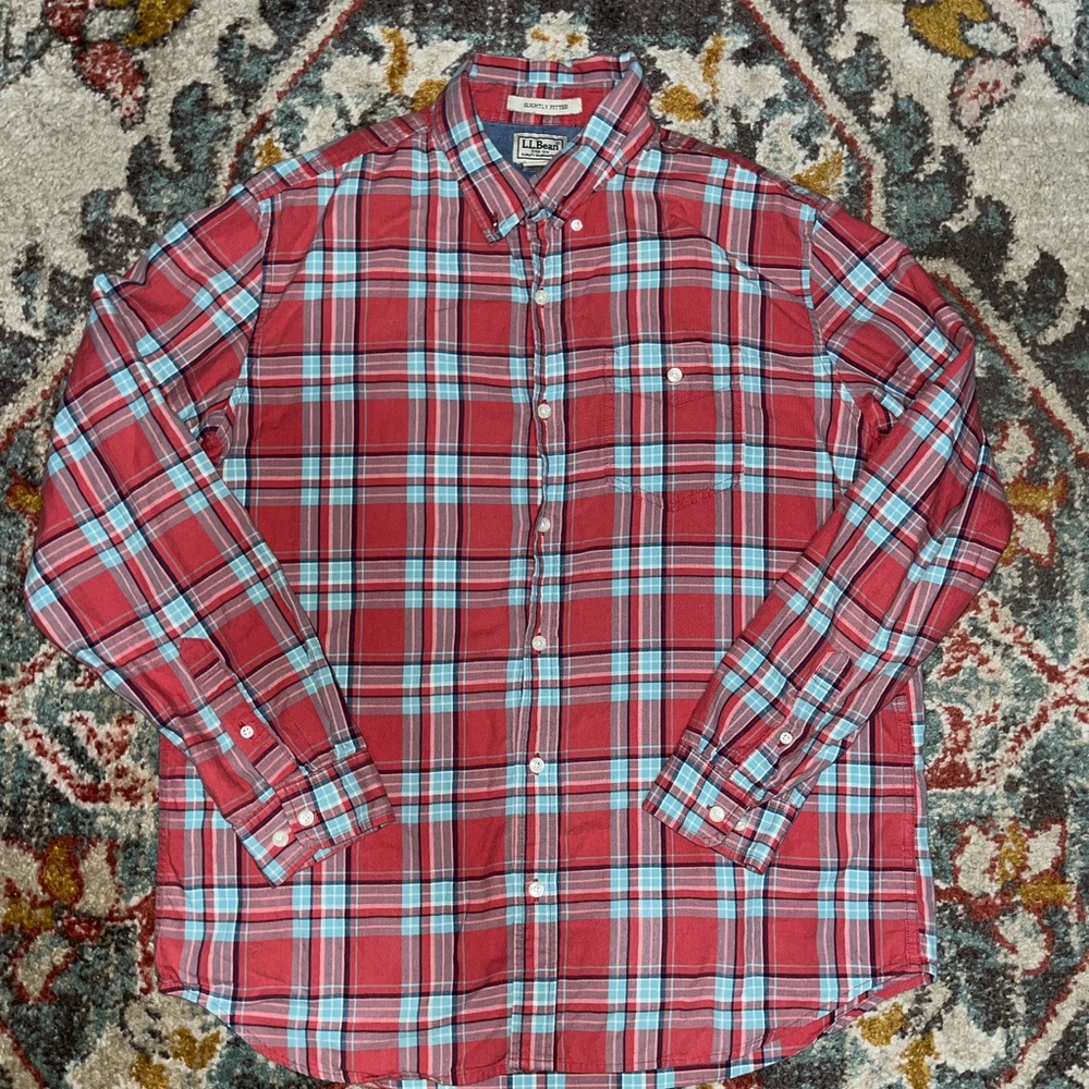 LL bean button up long sleeve shirt size L pink and blue plaid flannel